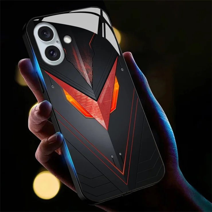 For iPhone 16 Case Call Flash Series Pattern Printing Tempered Glass + TPU Combo Phone Case - Red Triangle Armor