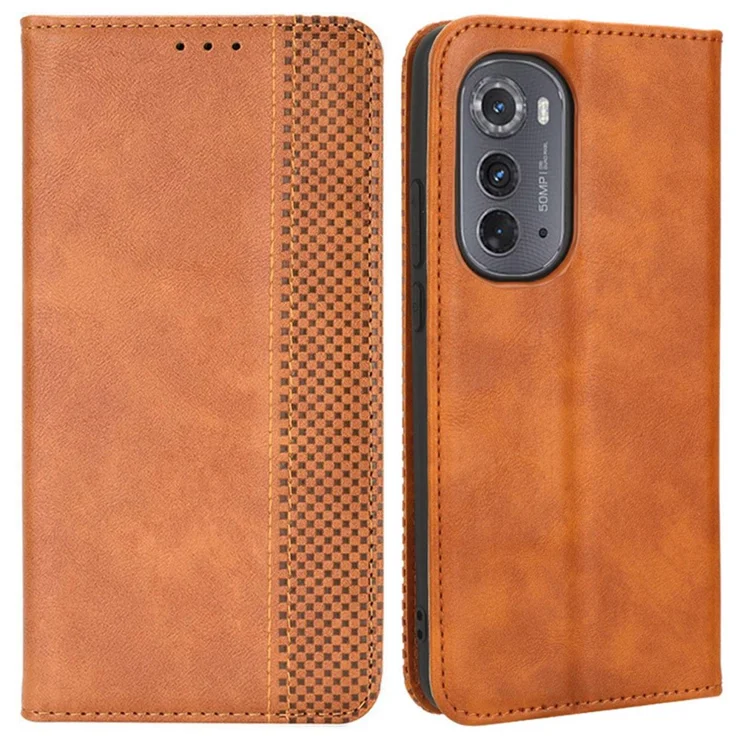 For Motorola Edge (2022) 5G Magnetic Auto-absorbed Retro Shockproof PU  Leather Stand Case Imprint Pattern Phone Wallet Cover - Brown