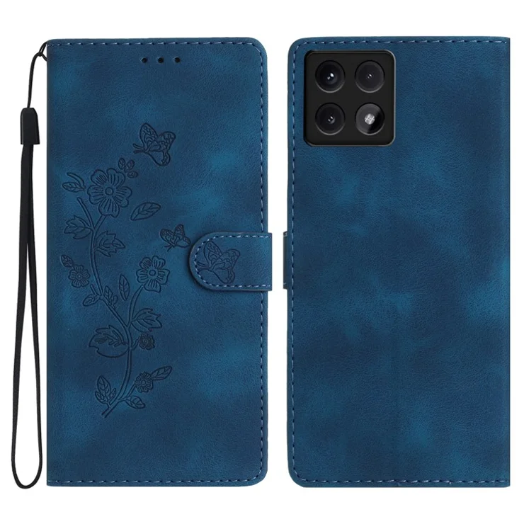 For Xiaomi 14T Case Leather Imprinted Flower Phone Cover Wallet with Wrist Strap - Blue