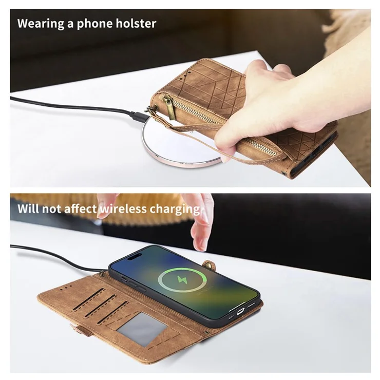 For Honor X6b 4G Zipper Wallet Case Geometry Lines Leather Phone Cover with Strap - Brown