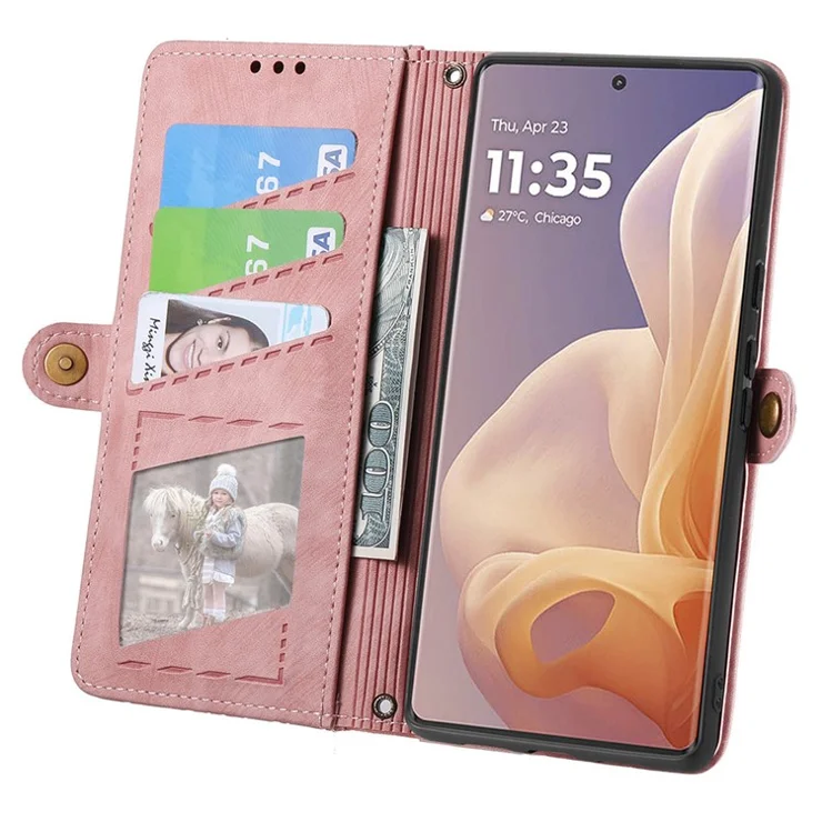 For Motorola Moto G85 5G / S50 Neo 5G Zipper Wallet Case Geometry Lines Leather Phone Cover with Strap - Pink