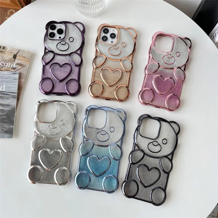 For iPhone 16 Pro Case Cartoon Bear Bling Glitter Electroplated TPU Phone Cover - Gold