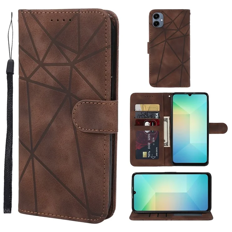 For Samsung Galaxy A06 4G Stand Case Line Pattern Leather Phone Cover - Brown