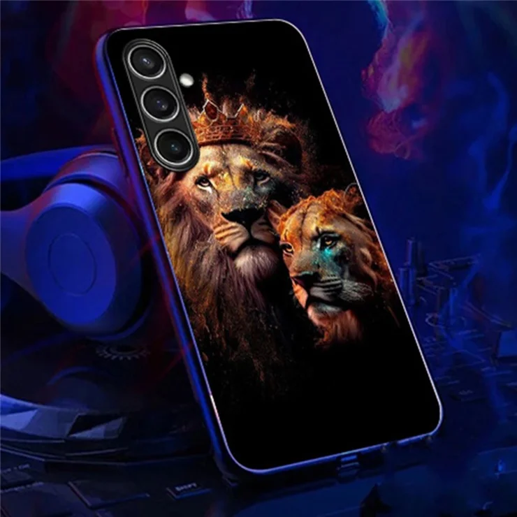 For Samsung Galaxy S24 FE Case Call Flash Series Pattern Printing Tempered Glass + TPU Combo Phone Case - Golden Lion