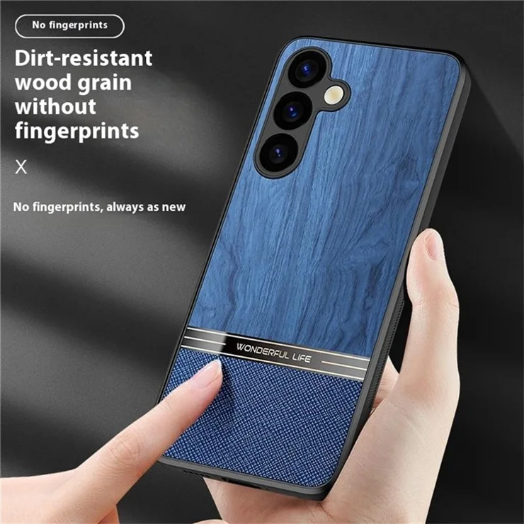 For Samsung Galaxy S24+ Case Wood Texture Leather Coated TPU Phone Protective Cover - Blue