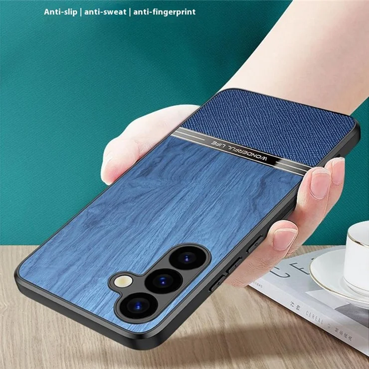 For Samsung Galaxy A55 5G Case Wood Texture Leather Coated TPU Phone Protective Cover - Blue