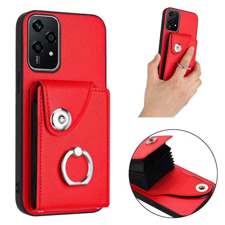 For Honor 200 Lite Case YB Leather Coating Series-7 Card Holder Leather TPU Phone Cover with Kickstand - Red