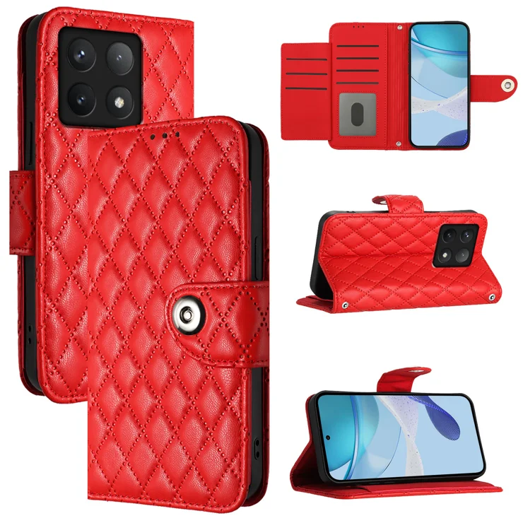 For Xiaomi 14T Leather Case Phone Stand Cover with 7 Card Slots and Hand Strap - Red