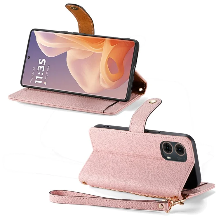 For Motorola Moto G85 5G / S50 Neo 5G Case RFID Blocking Zipper Pocket Leather Wallet Phone Cover - Pink