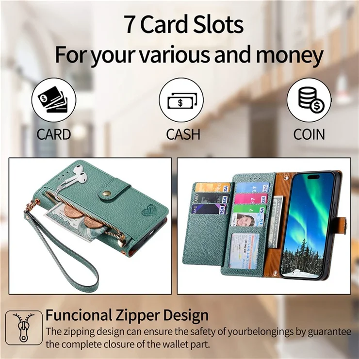 For Honor X6b 4G Case RFID Blocking Zipper Pocket Leather Wallet Phone Cover - Green