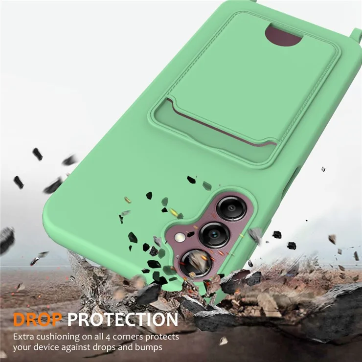 For Samsung Galaxy S24 FE Case Liquid Silicone Card Holder Phone Back Cover with Lanyard - Green