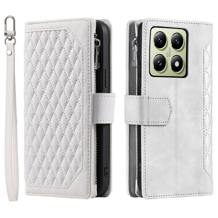 Style 005 For Xiaomi 14T Pro Wallet Case Rhombus Stitching Line PU Leather Phone Cover - White
