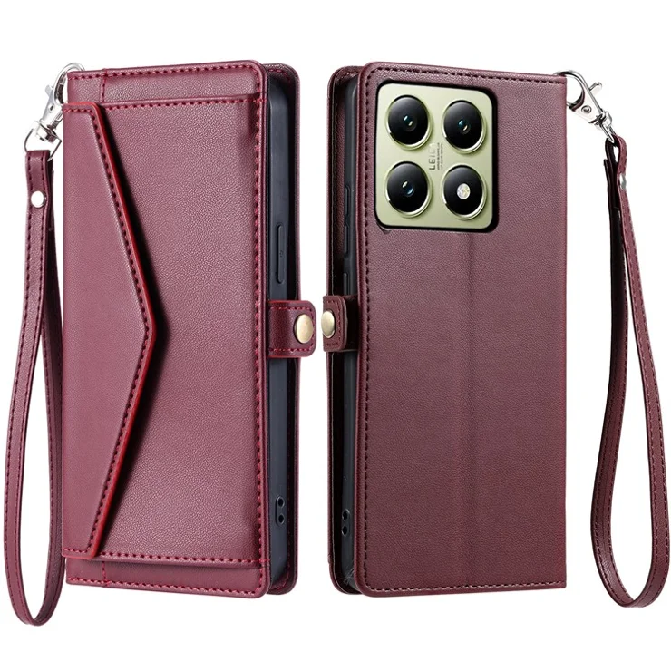 For Xiaomi 14T Pro Leather Case Wallet Stand Phone Cover with Straps - Wine Red
