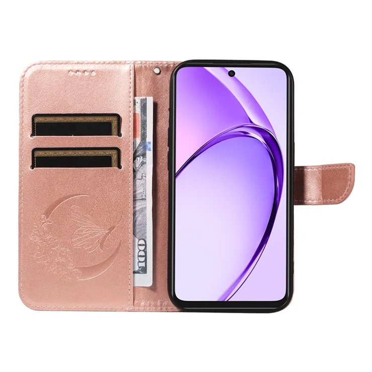 For Oppo A3x 4G / 5G (India) / A3 4G / 5G / A60 5G / A40 4G / A40M 4G Case Butterfly Pattern Leather Wallet Flip Phone Cover - Rose Gold
