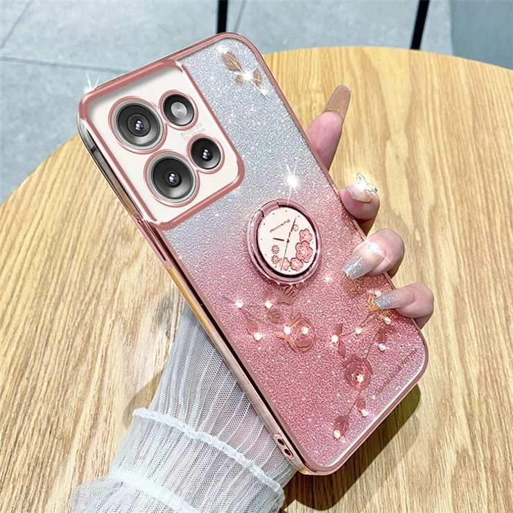 KADEM For Motorola Edge 50 Neo 5G / Moto S50 5G / Thinkphone 25 5G Case Ring Kickstand TPU Flowers Phone Cover Gradient Glitter - Rose Gold