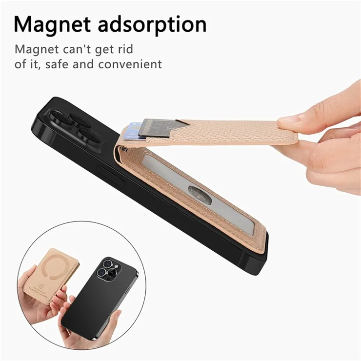 Magnetic Card Holder Compatible with MagSafe Kickstand Carbon Fiber Texture Leather Card Case Slots - Apricot