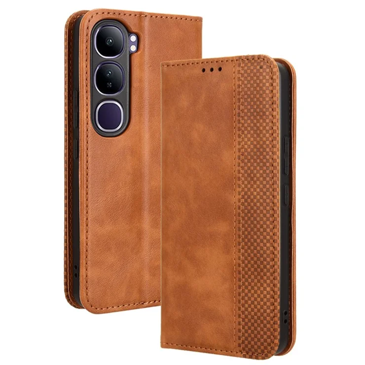 For vivo V40 Lite (Indonesia) 4G / 5G Leather Case Wallet Stand Retro Texture Phone Cover - Brown