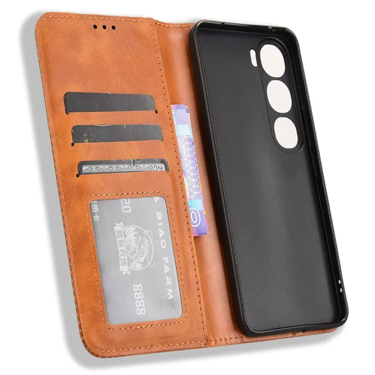 For vivo V40 Lite (Indonesia) 4G / 5G Leather Case Wallet Stand Retro Texture Phone Cover - Brown