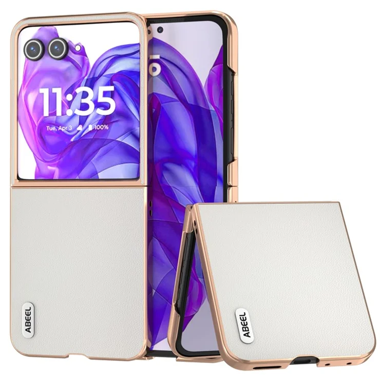 ABEEL For Motorola Razr 50 Ultra 5G Case Electroplating Genuine Cow Leather PC Phone Cover - White