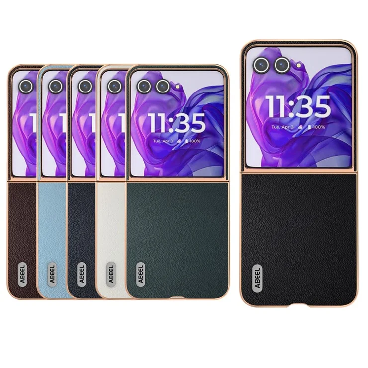 ABEEL For Motorola Razr 50 Ultra 5G Case Electroplating Genuine Cow Leather PC Phone Cover - Black