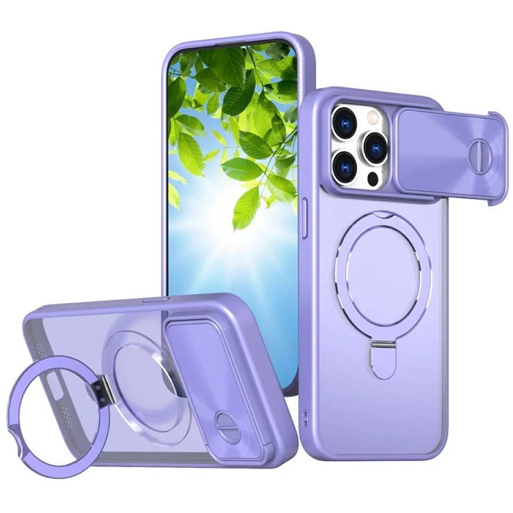 For iPhone 15 Pro Max Case with Slide Lens Protection Magnetic Kickstand TPU+PC Phone Cover - Light Purple