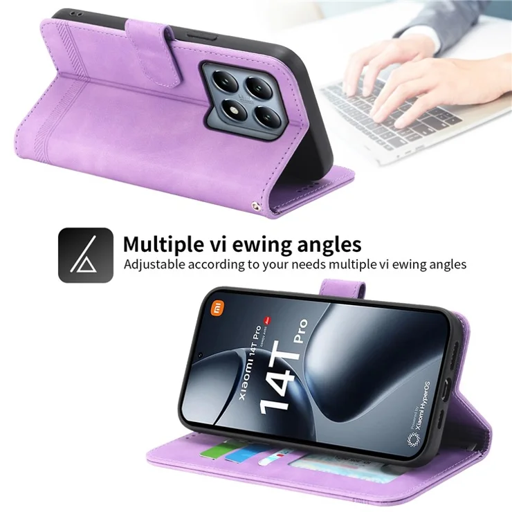 DIERFENG DF-03 For Xiaomi 14T Pro Leather Case Lines Imprint Wallet Phone Cover - Purple