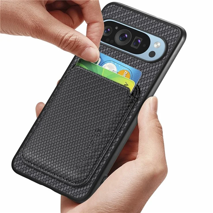 For Google Pixel 9 / Pixel 9 Pro Case Carbon Fiber Leather Back Cover with Detachable Card Bag - Blue