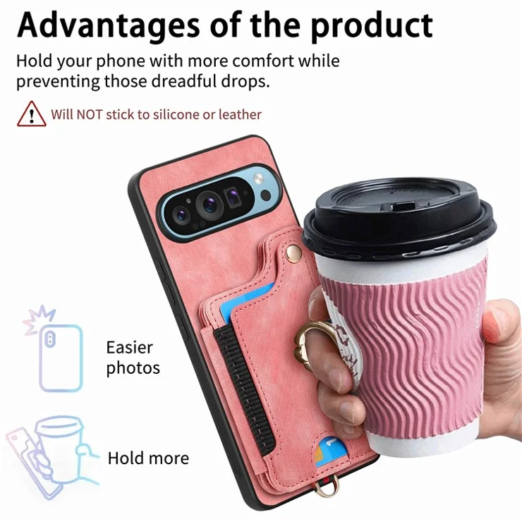 For Google Pixel 9 / Pixel 9 Pro Case RFID Blocking Handbag Leather+TPU Phone Cover Card Slots, Ring Holder - Brown