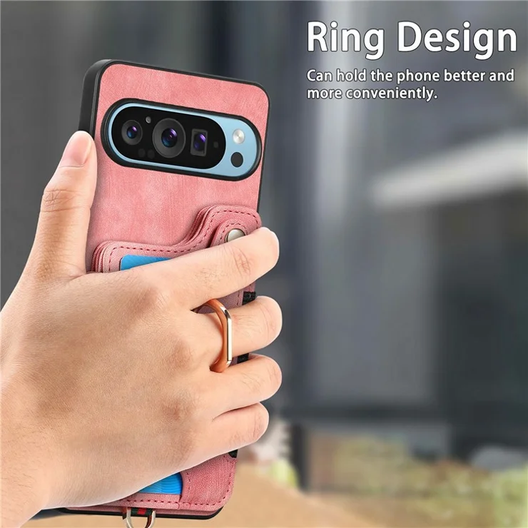 For Google Pixel 9 / Pixel 9 Pro Case RFID Blocking Handbag Leather+TPU Phone Cover Card Slots, Ring Holder - Brown