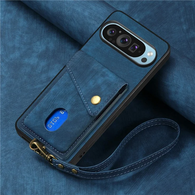 For Google Pixel 9 / Pixel 9 Pro Case with Card Slot Kickstand Leather TPU Phone Cover - Blue