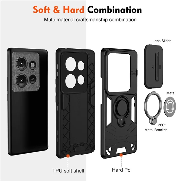 For Motorola Edge 50 5G Case Slide Camshield Kickstand PC+TPU Phone Cover - Black