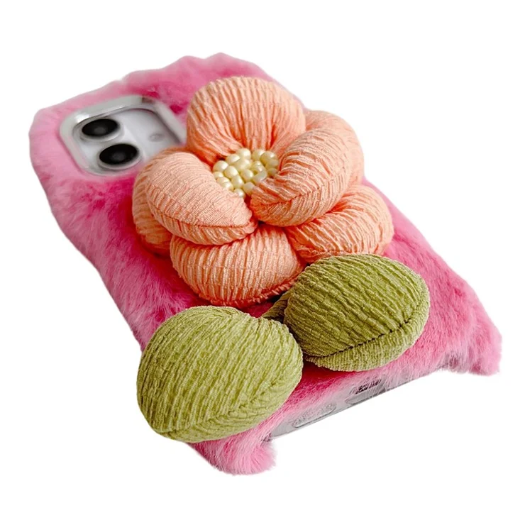 For iPhone 16 Plus Plush Phone Case 3D Flower Decor Fluffy TPU Back Cover - Green