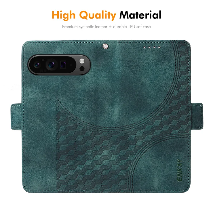 For Google Pixel 9 Pro XL Wallet Case ENKAY Imprint PU Leather Phone Stand Cover with Tempered Glass - Blue