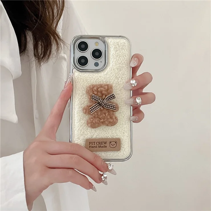 For iPhone 15 Pro Max Case Cute 3D Bear Towel Felt Texture TPU Electroplating Phone Cover - White