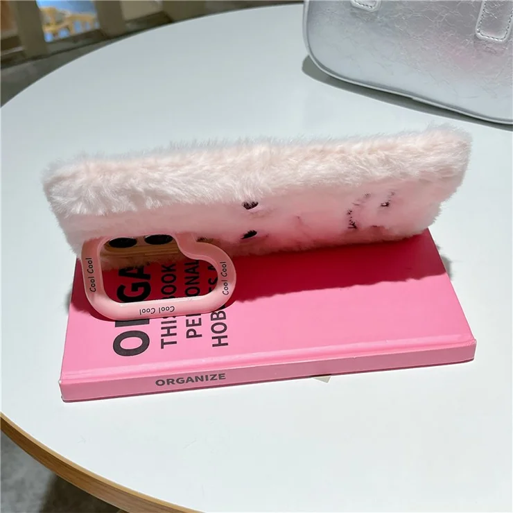 KJS-020 For Samsung Galaxy S24 Ultra Case Lens Kickstand Humorous Face Warm Fluffy TPU Phone Cover - Pink
