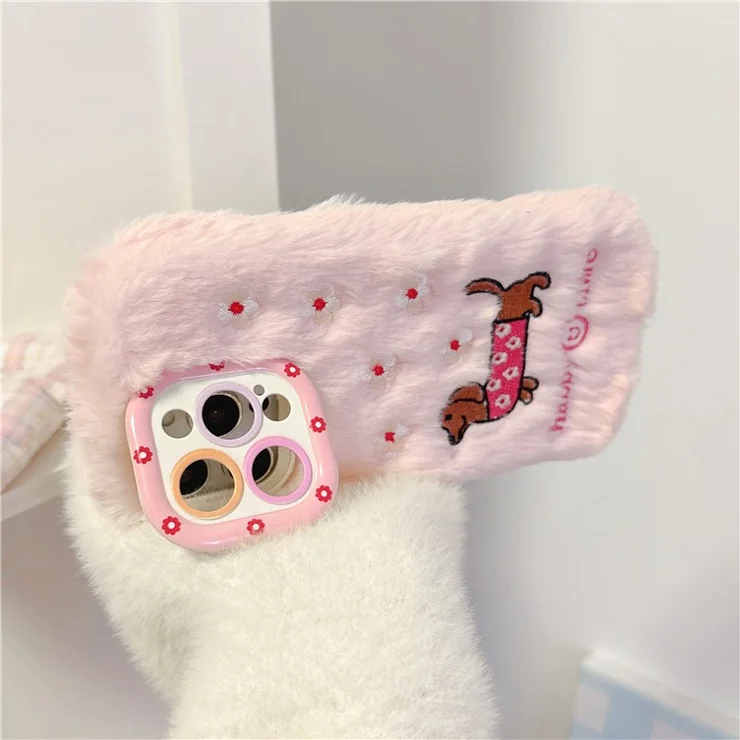 KJS-029 For iPhone 15 Pro Max Case Embroidered Dachshund Lens Kickstand TPU Plush Furry Phone Cover - Pink