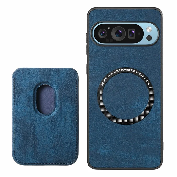 For Google Pixel 9 Pro XL Case Compatible with MagSafe Leather Back Cover with Detachable Card Holder - Blue
