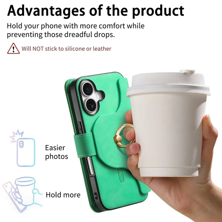 For iPhone 16 Plus Magnetic Leather Case with Detachable RFID Blocking Zipper Wallet Cover - Green