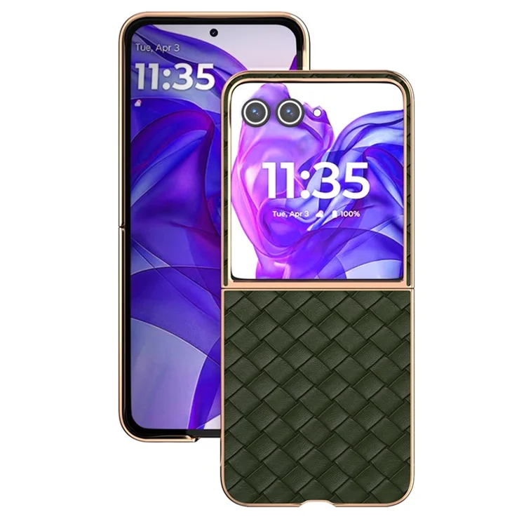 For Motorola Razr 50 Ultra 5G Case Woven Texture Electroplating Edge Leather Coated PC Phone Cover - Green