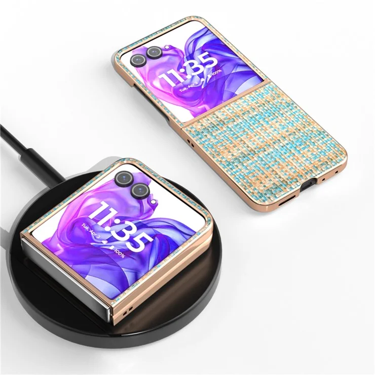 For Motorola Razr 50 Ultra 5G Case Electroplating Edge Plaid Texture PU Leather+PC Phone Cover - Blue
