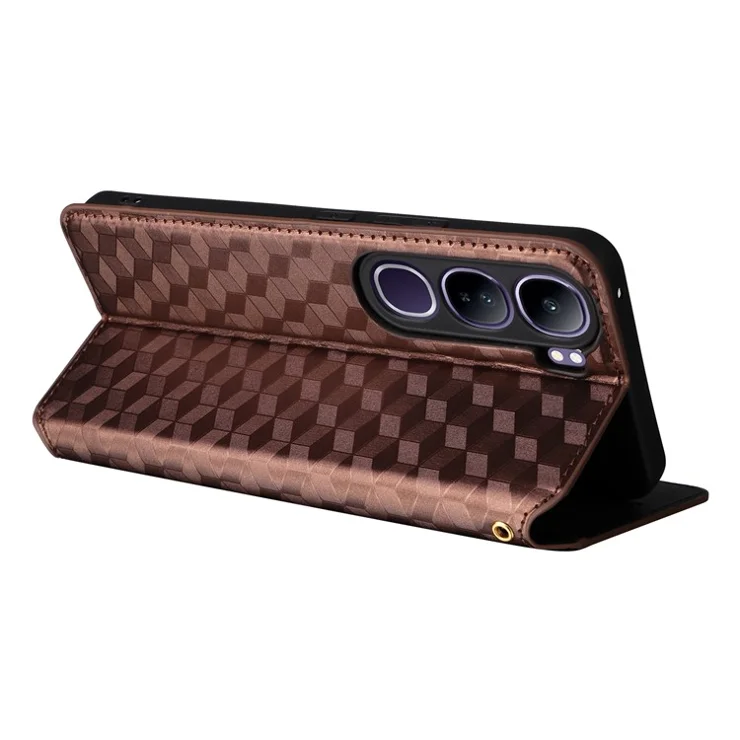 For vivo V40 Lite (Indonesia) 4G / 5G Wallet Case Rhombus Imprinted Leather Phone Cover - Brown