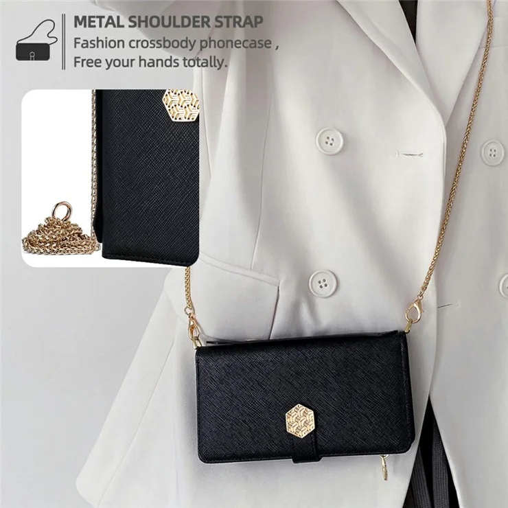 For iPhone 15 Pro Case Cross Texture PU Leather+TPU Wallet Phone Cover with Straps - Black