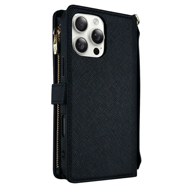 For iPhone 15 Pro Case Cross Texture PU Leather+TPU Wallet Phone Cover with Straps - Black