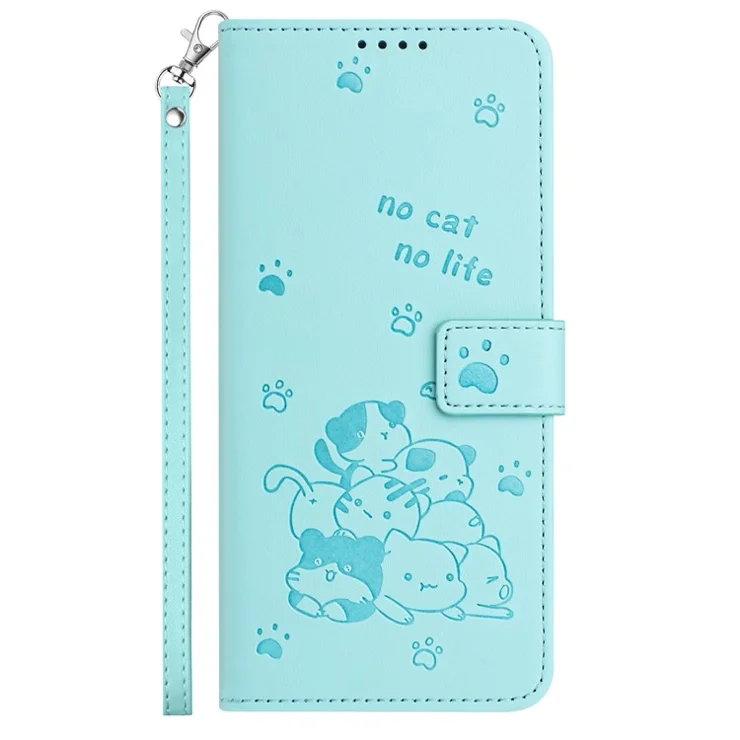 For iPhone 14 / 13 Case with Strap Cats Imprint Leather Wallet Phone Cover - Green