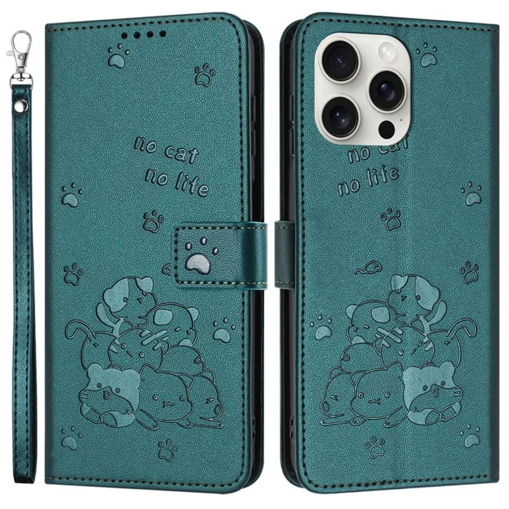 For iPhone 15 Pro Case with Strap Cats Imprint Leather Wallet Phone Cover - Blackish Green