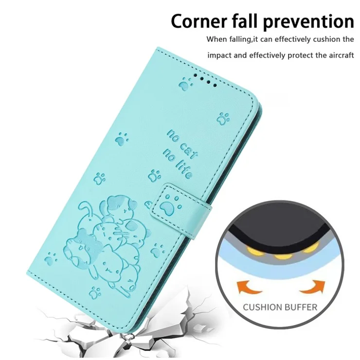 For iPhone 15 Pro Case with Strap Cats Imprint Leather Wallet Phone Cover - Green