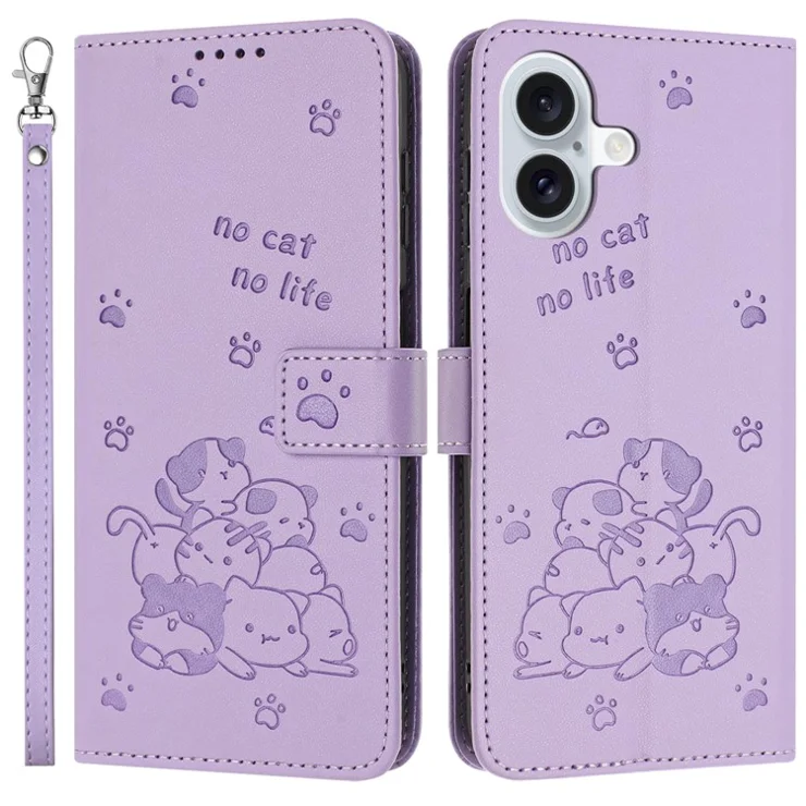 For iPhone 16 Case with Strap Cats Imprint Leather Wallet Phone Cover - Purple