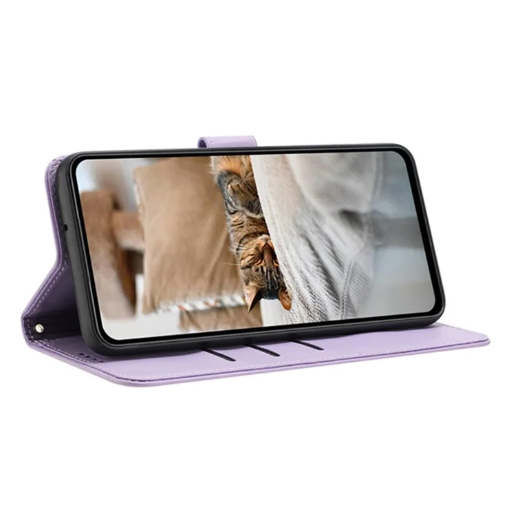 For iPhone 16 Case with Strap Cats Imprint Leather Wallet Phone Cover - Purple