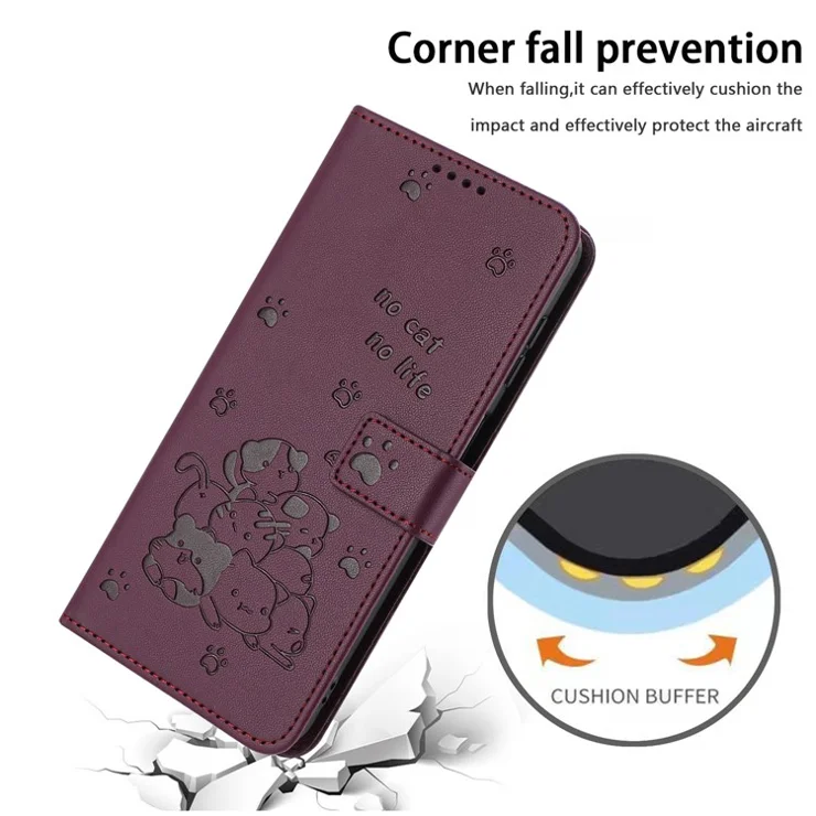For iPhone 16 Case with Strap Cats Imprint Leather Wallet Phone Cover - Wine Red