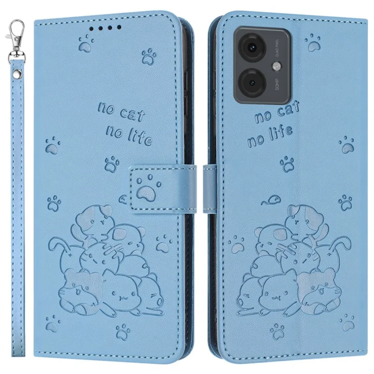 Leather Case for Motorola Moto G64 5G / G54 Power 5G / G54 5G / G14 4G Cats Imprint Leather Wallet Phone Cover with Strap - Blue